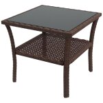Table d'appoint en r�sine tress�e 2 niveaux 50x50x45cm, table basse de jardin carr�e plateau en verre ...