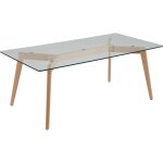 Table basse 120 x 60 cm avec plateau en verre et pieds en bois clair moderne hudson
