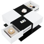 Table basse carr�e 70x70x35, 5cm noir & blanc - 2 tiroirs, laqu�e brillante, coulisses lisses