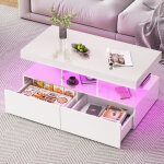 Table basse laqu�e 104 x 53 x 46 cm avec led rgb, table basse salon avec 2 tiroirs et compartiment de ...