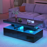 Table basse laqu�e 104 x 53 x 46 cm avec led rgb, table basse salon avec 2 tiroirs et compartiment de ...