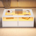 Table basse led 2 tiroirs, plateau verre, rangement ouvert, blanc