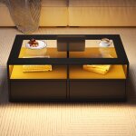 Table basse led 2 tiroirs, plateau verre, rangement ouvert, noir