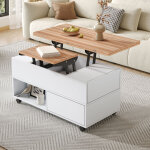Table basse multifonction sur roulettes 4 tiroirs, relevable, blanc et bois