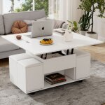 Table basse multifonctionnelle relevable - le bureau peut ouvrir 2 tables, blanc + blanc, grande capacit�, ...