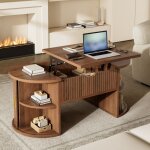 Table basse ovale relevable 100x50 cm pour salon, rangements avec portes coulissantes et �tag�res ouvertes, ...