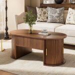 Table basse ovale relevable noyer, en mdf, 100x50x40, 5 cm, avec rangement et portes coulissantes