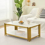 Table basse rectangulaire 114x64x46 cm, 2 �tag�res, effet marbre, m�tal dor�, blanc