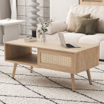 Table basse rectangulaire effet rotin naturel, porte coulissante et rangement