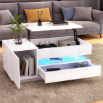 Table basse relevable avec 1 tiroir et 1 placard et led, brillance blanche, style moderne, en panneau ...