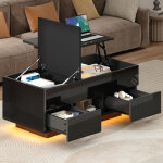 Table basse relevable 100 x 45 x 43 cm avec 2 tiroirs et rangement cach�, finition noir brillant, led, ...