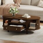 Table basse relevable ovale 100 x 50 x 36 cm, avec 1 tiroir et rangement ouvert, 2 portes coulissantes, ...