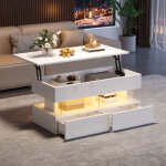 Table basse relevable avec rangement cach� et 2 tiroirs ? plateau blanc brillant en mdf et acrylique, ...