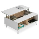 Mobimarket - table basse relevable pour le salon en blanc mat et chne artisanal, 100 x 38 x 68 cm.