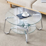 Table basse ronde 2 niveaux pour salon, structure stable, m�tal argent� et plateaux en verre tremp�