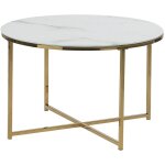 Table basse ronde 70 cm effet marbre en verre et m�tal blanc et dor� quincy