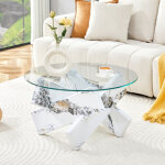 Table basse ronde 79x79x45 cm, plateau en verre et pieds en mdf, blanc