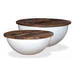 Table basse ronde bois fonc� recycl� et m�tal blanc leh - lot de 2