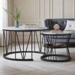 Table basse ronde - bois marbre et pieds m�tal - table basse gigogne - salon - d 70 / 45 x h 45 / 40 ...