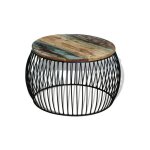 Table basse ronde bois massif recycl� fonc� et m�tal noir boust