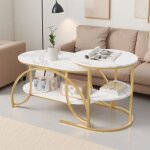 Table basse ronde table gigogne 2 pi�ces table d'appoint, bois marbr� et pieds en m�tal, 80x46x45cm, ...