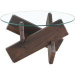 Table basse ronde moderne mdf et verre avec pieds crois�s effet noyer 79 cm