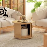 Table basse ronde table de salon en bambou avec rangement cach� et porte coulissante, dim. � 60 x 45h ...