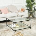 Urban meuble - table basse salon carr� transparent scandinave en verre et en m�tal noir