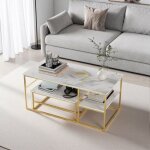 Table basse salon - avec plateau blanc et pieds dor�s - table basse moderne - table basse marbre - carr� ...