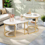 Table basse salon ronde?table gigogne 2 pi�ces plateau en marbre blanc?structure m�tallique?design minimaliste ...
