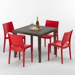 Table carr�e et 4 chaises color�es poly - rotin r�sine 90x90 marron