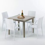 Table carr�e beige + 4 chaises color�es poly rotin synth�tique elegance