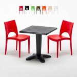 Table carr�e noire 70x70cm avec 2 chaises color�es grand soleil set bar caf� paris aia - rouge