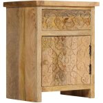 Table de chevet en bois à mangue avec porte et tiroir finement sculptés Table de chevet en bois à mangue avec porte et tiroir finement sculptés