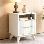 Table de chevet bois moderne 18  style flut� avec station de charge, meuble d'appoint � 2 tiroirs & plateau ...