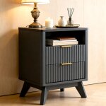 Table de chevet bois moderne 18  style flut� avec station de charge, meuble d'appoint � 2 tiroirs & plateau ...