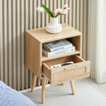Table de chevet en rotin 55x40x30 cm, table d'appoint avec tiroir, pieds en bois massif, aspect bois ...