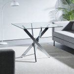 Table de cuisine carr�e 80x80x75 cm avec plateau en verre et pieds en m�tal crois�s, argent