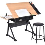 Relax4life - table  dessin en mdf inclinable avec tabouret, bureau  dessin et tabouret  2 tiroirs, ...