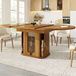 Table extensible 118 - 158x118x77 cm avec rangement, plateau mdf, fa�ades en verre ambr�, coloris noyer ...