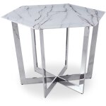 Table hexagonale 120cm zadig verre effet marbre blanc et pied m�tal argent