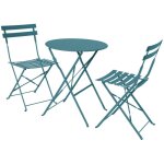 Table de jardin bistrot pliante métal + 2 assises bleu canard Ø60 x 70cm, acier thermolaqué Table de jardin bistrot pliante métal + 2 assises bleu canard Ø60 x 70cm, acier thermolaqué