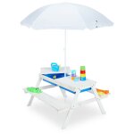 Relaxdays - table de jardin pour enfants, en bois, bacs pour jouer avec l eau et le sable, parasol inclus, ...