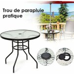 Goplus - table de jardin ronde d80xh71cm - plateau en verre tremp  eau avec trou de parasol - charge ...