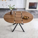 Table � manger extensible ronde 137 cm en mdf finition noyer et m�tal noir ? design moderne, pied tr�pied ...