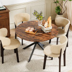 Table � manger ronde �120 cm style industriel, pieds x m�tal, bois brun, convient pour cuisine / salon ...