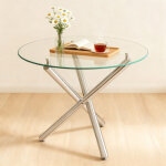 Table � manger ronde 80 cm en verre tremp� transparent et pieds m�tal argent�, style moderne minimaliste ...