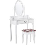 Table de maquillage coiffeuse blanche avec tiroir miroir ovale et tabouret assorti motif floral pour ... Table de maquillage coiffeuse blanche avec tiroir miroir ovale et tabouret assorti motif floral pour ...