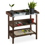 Table � plantes, plaque m�tallique, table de d�potage avec rangements, bois, 86 x 92 x 41 cm, marron ...