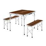 Table pliante de camping / valise + 2 bancs en aluminium - marron